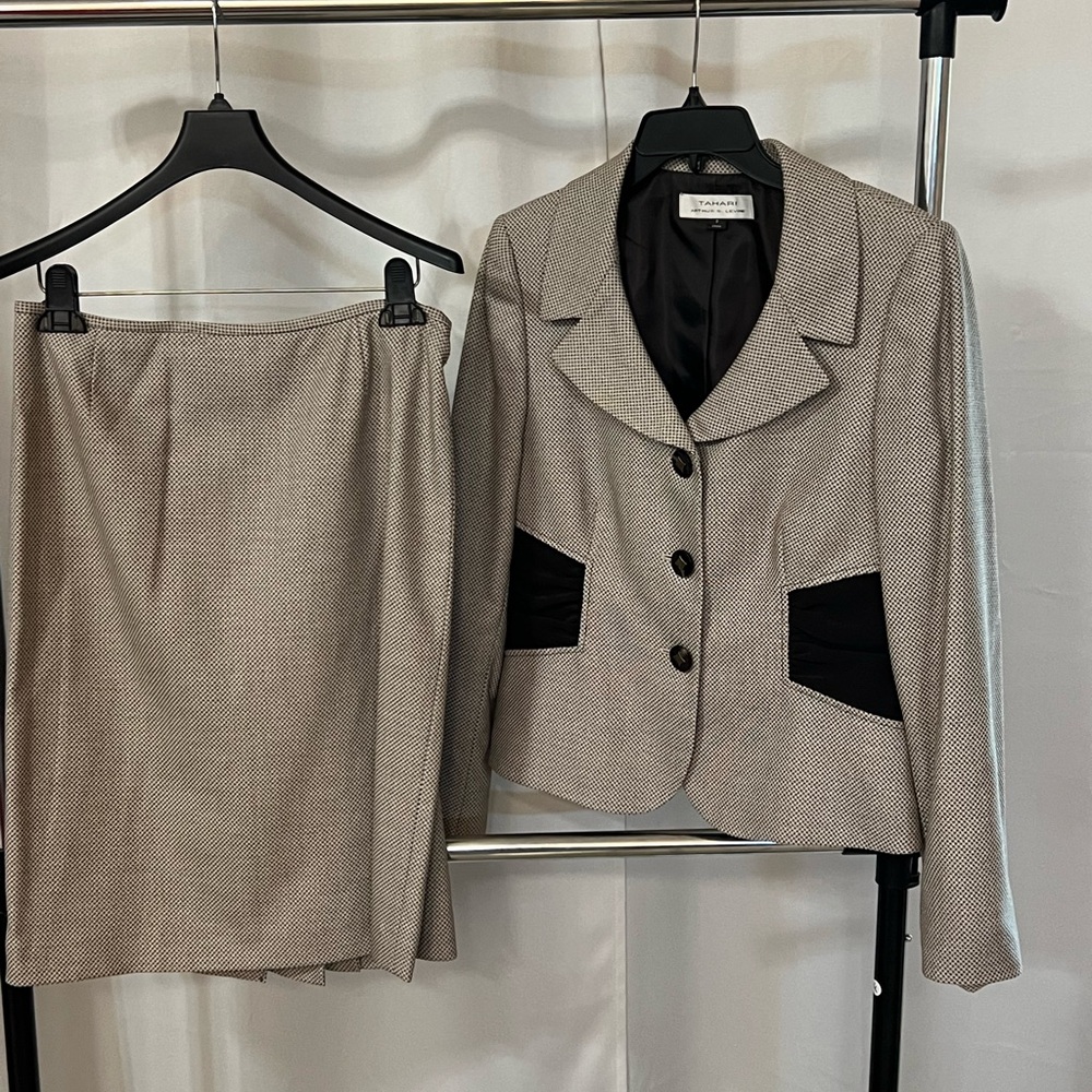 Tahari Beige and Black Blazer Skirt Set